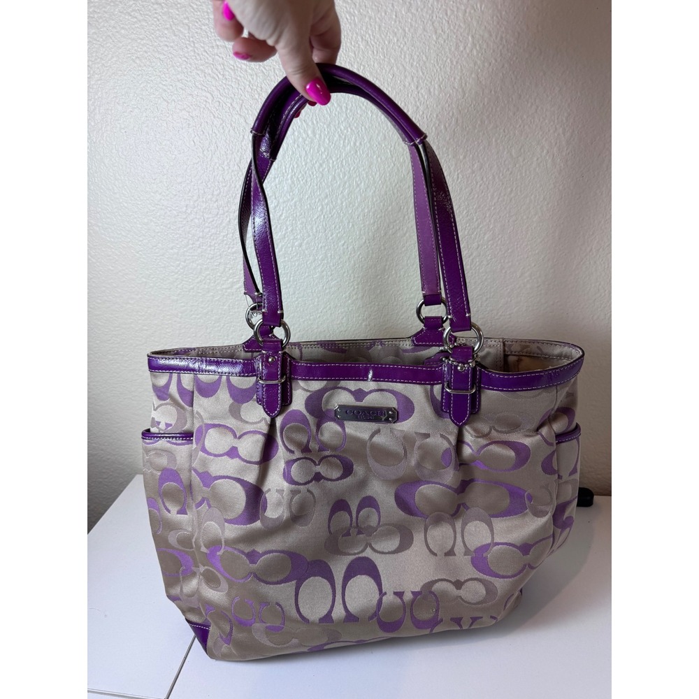 Y2K Coach Signature Tote Bag Women Purple Tan Monogram Patent Trim Aesthetic - Picture 1 of 12